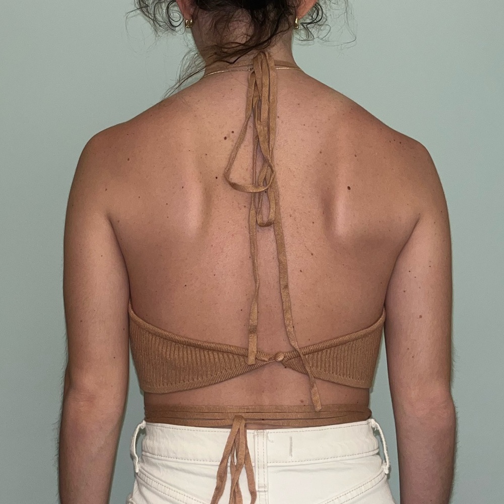Tan Halter Neck Ribbed Top - Picture 2 of 3
